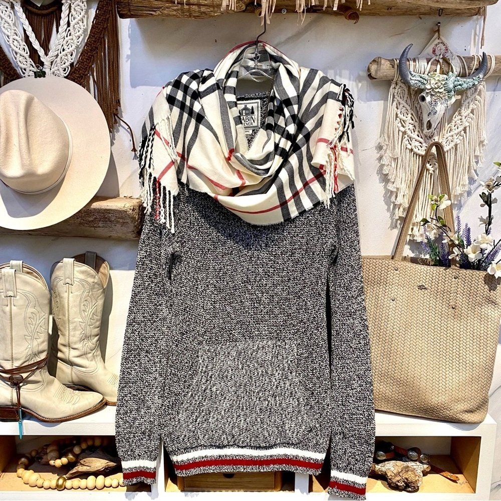 Cabin salt pepper long tunic sweater/mini dress w red stripe and hood